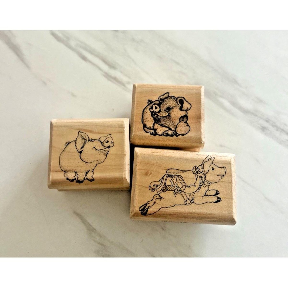 Lot of 3 Stamps Stamping Mostly Animals Brand Pigs Oink Flying Crafts EEE-C